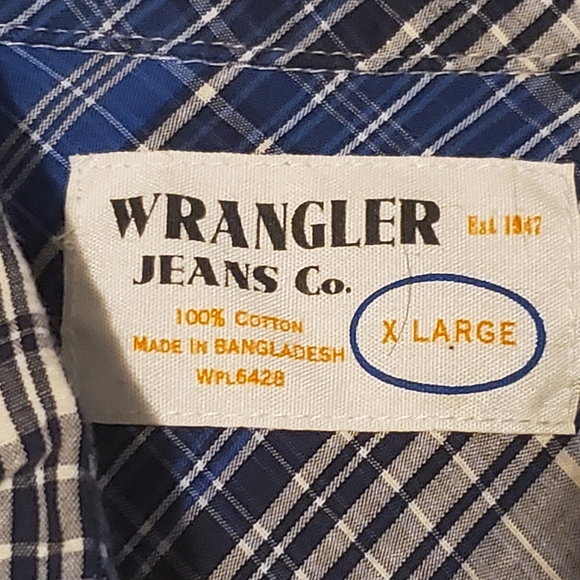 WRANGLER JEANS CO. Long Sleeve Polo Shirt Sz XL Men Blue White Plaid Button - Picture 4 of 6